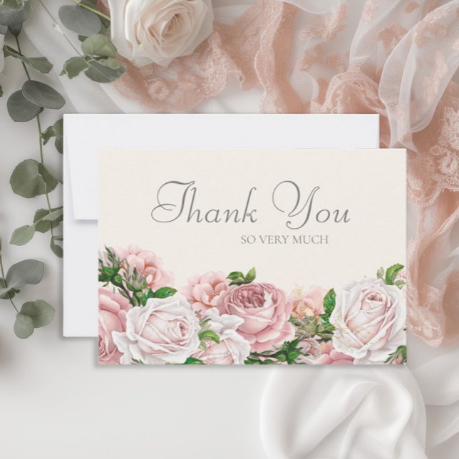 Elegant Blush Pink Roses Cream Wedding Thank You Card (Elegant pink vintage roses wedding Thank You card)