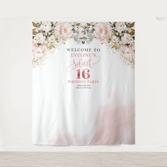 Elegant blush pink roses eucalyptus 16th birthday tapestry (Front)