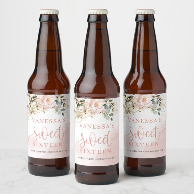 Elegant blush pink roses eucalyptus gold sixteen beer bottle label (Bottles)