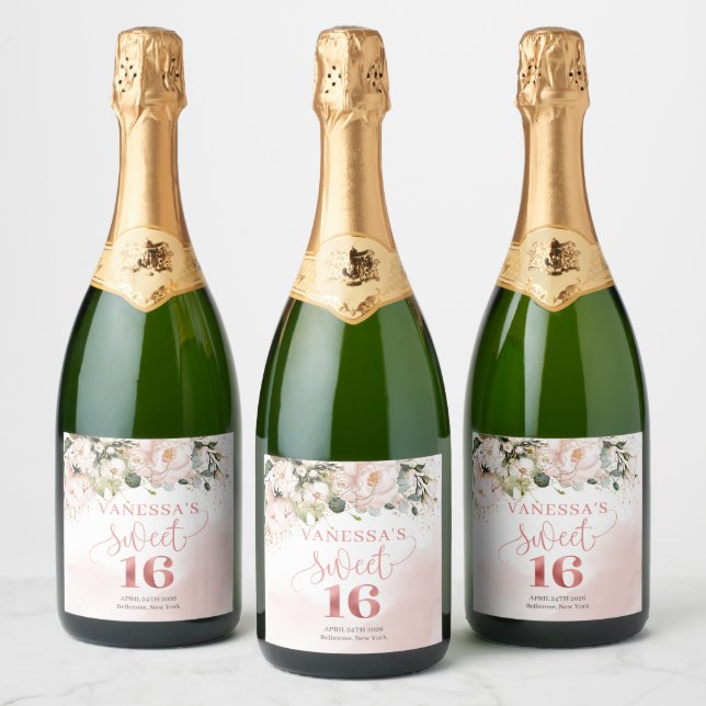 Elegant blush pink roses eucalyptus gold sixteen sparkling wine label (Bottles)