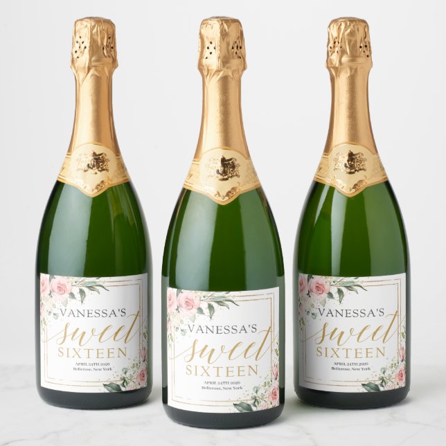 Elegant blush pink roses eucalyptus gold sixteen sparkling wine label (Bottles)