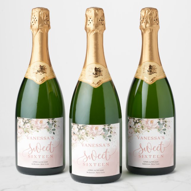 Elegant blush pink roses eucalyptus gold sixteen sparkling wine label (Bottles)