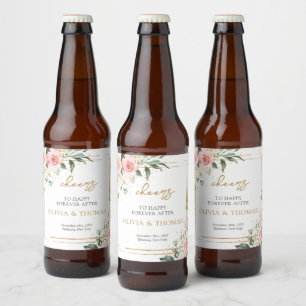 Elegant blush pink roses eucalyptus gold sparkles beer bottle label
