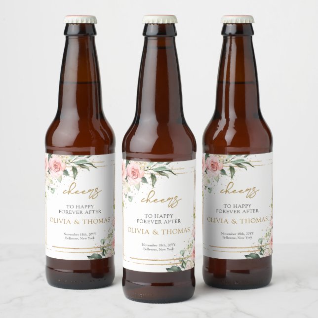 Elegant blush pink roses eucalyptus gold sparkles beer bottle label (Bottles)