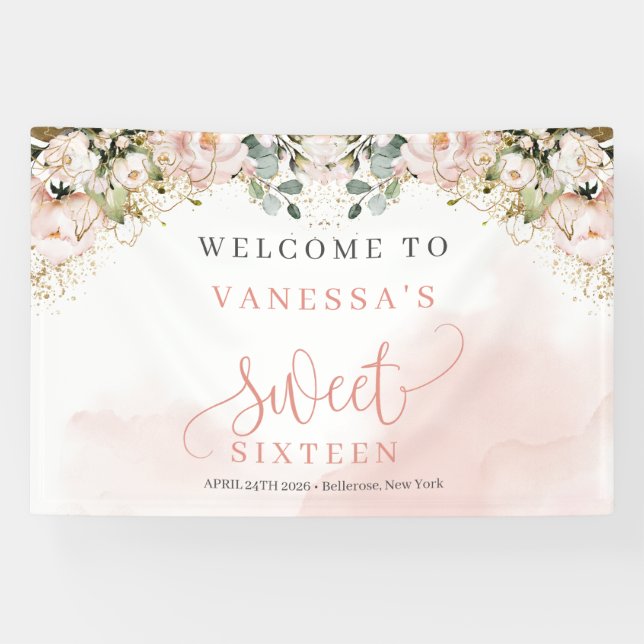 Elegant blush pink roses eucalyptus gold sweet 16 banner (Horizontal)