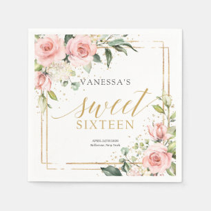 Elegant blush pink roses eucalyptus gold Sweet 16 Napkin