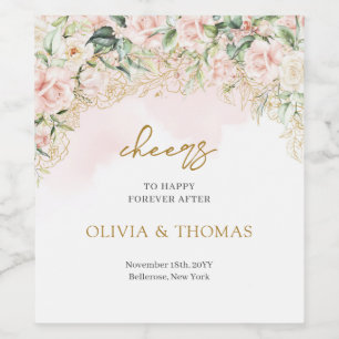 Elegant blush pink roses eucalyptus gold wedding wine label