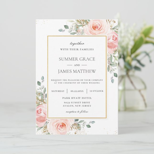 Elegant Blush Pink Roses Floral Gold Wedding  Invi Invitation (Standing Front)
