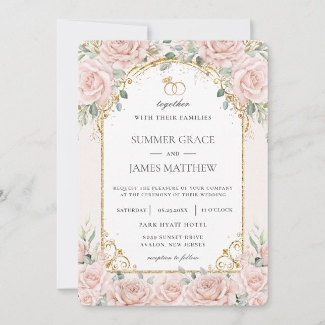 Elegant Blush Pink Roses Floral Gold Wedding   Invitation (Front)
