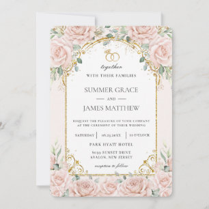 Elegant Blush Pink Roses Floral Gold Wedding Invitation