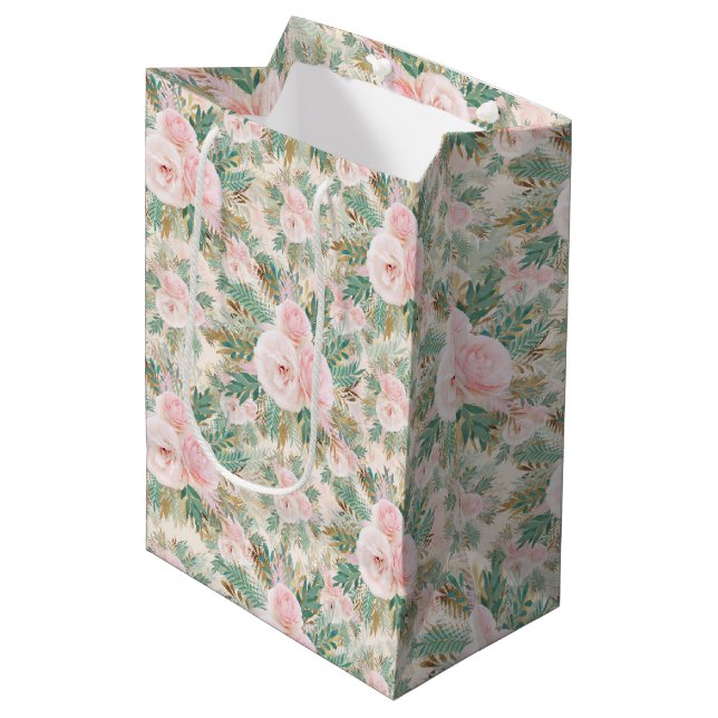Elegant Blush Pink Roses Floral Mint Golden Leaves Medium Gift Bag (Front Angled)