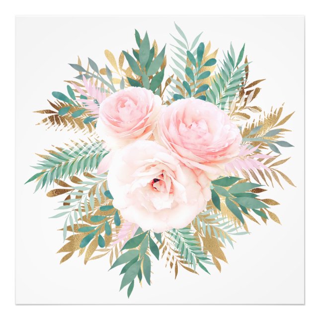 Elegant Blush Pink Roses Floral Mint Golden Leaves Photo Print (Front)