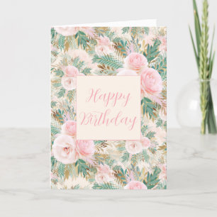 Elegant Blush Pink Roses Floral Mint Golden Leaves Thank You Card