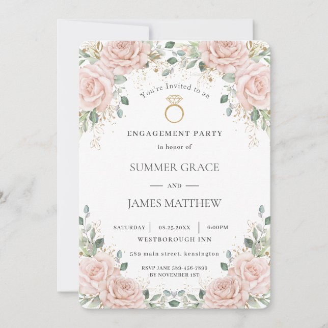 Elegant Blush Pink Roses Floral Ring Engagement  Invitation (Front)