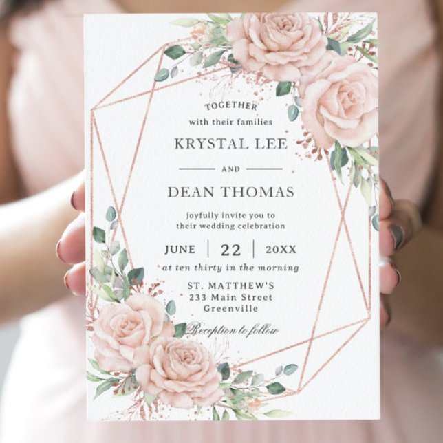 Elegant Blush Pink Roses Floral Rose Gold Wedding Invitation (Creator Uploaded)