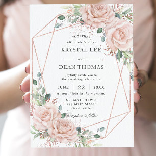 Elegant Blush Pink Roses Floral Rose Gold Wedding Invitation
