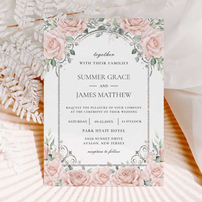 Elegant Blush Pink Roses Floral Silver Wedding   Invitation (Creator Uploaded)