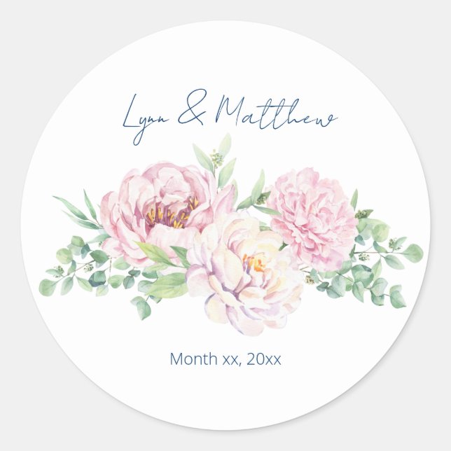 Elegant Blush Pink Roses Floral Wedding Classic Round Sticker (Front)