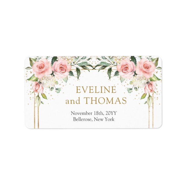 Elegant blush pink roses gold wedding labels (Front)