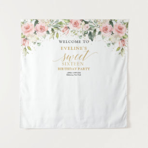 Elegant blush pink roses green gold 16th birthday tapestry