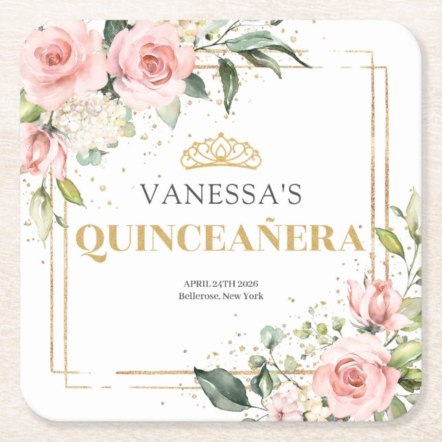 Elegant blush pink roses green gold Quinceañera Square Paper Coaster (Front)
