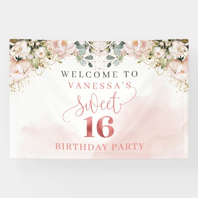 Elegant blush pink roses green rose gold sweet 16 banner (Horizontal)