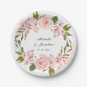 Elegant Blush Pink Roses Greenery Wreath Wedding Paper Plate