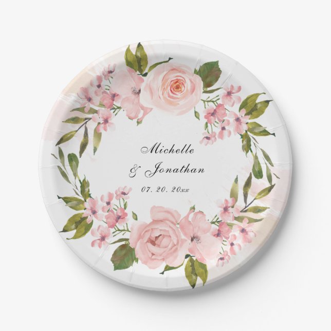 Elegant Blush Pink Roses Greenery Wreath Wedding Paper Plate (Front)