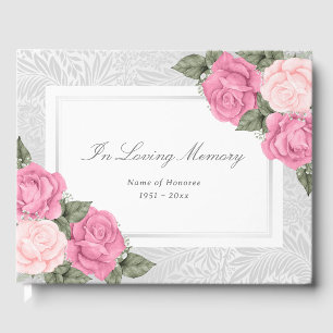 Elegant Blush Pink Roses In Loving Memory Funeral Guest Book