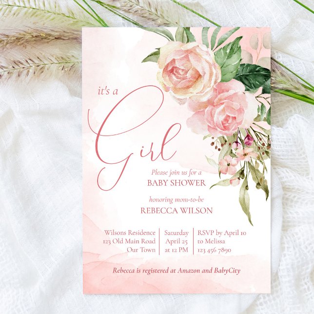 Elegant blush pink roses it's a girl baby shower invitation (Creator Uploaded)