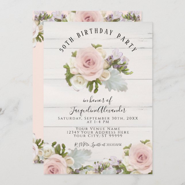 Elegant Blush Pink Roses n Greenery Birthday Party Invitation (Front/Back)