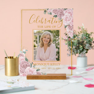 Elegant Blush Pink Roses Picture Funeral Memorial  Acrylic Sign