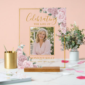 Elegant Blush Pink Roses Picture Funeral Memorial Acrylic Sign
