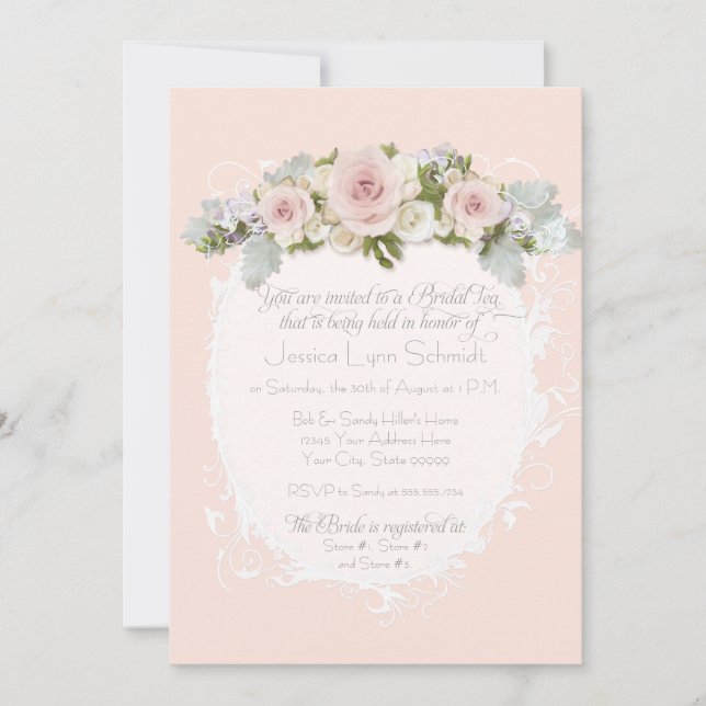 Elegant Blush Pink Roses Swirl Bridal Shower Tea Invitation (Front)