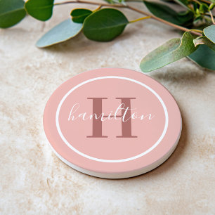 Elegant Blush Pink Round Monogram Script Coaster