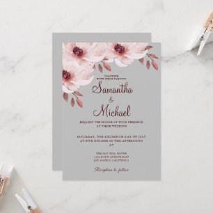 Elegant Blush Pink Rusty Leaves Watercolor Floral  Invitation