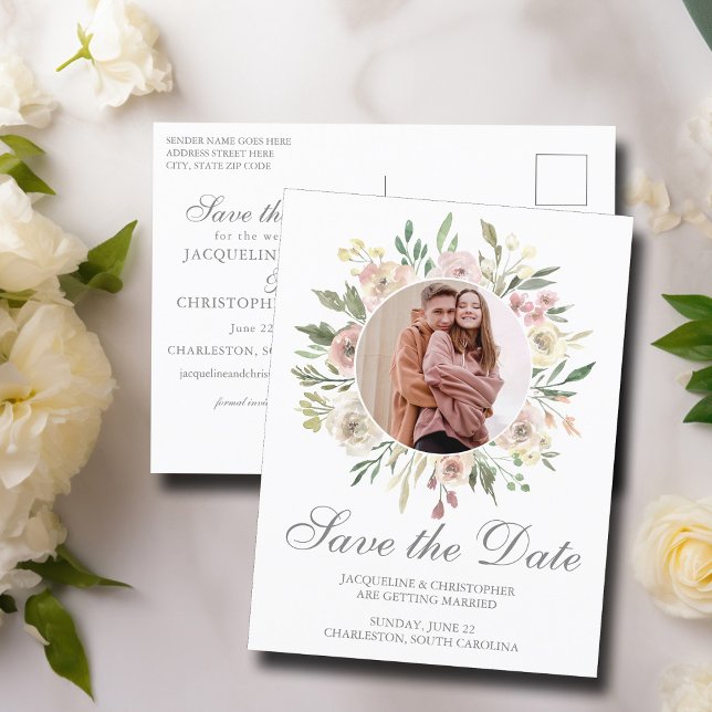 Elegant Blush Pink Sage Floral Photo Save the Date Postcard (Creator Uploaded)