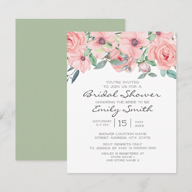 Elegant Blush Pink Sage Green Floral Bridal Shower Invitation (Front/Back)