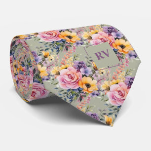 Elegant Blush Pink Sage Green Watercolor Flowers Tie