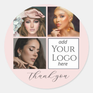 Elegant Blush Pink Script 3 Photo Logo Makeup Classic Round Sticker