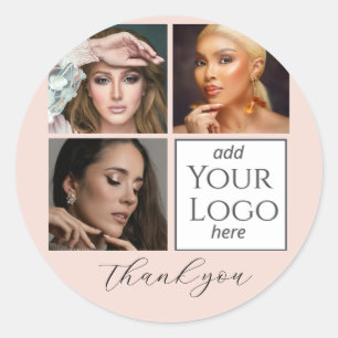 Elegant Blush Pink Script 3 Photo Logo Makeup  Classic Round Sticker