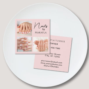 Elegant Blush Pink Script 3 Photo Nail Salon  Square Business Card
