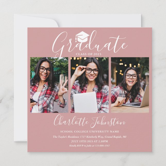 Elegant Blush Pink Script 4 Photo Graduation Party Invitation (Front)