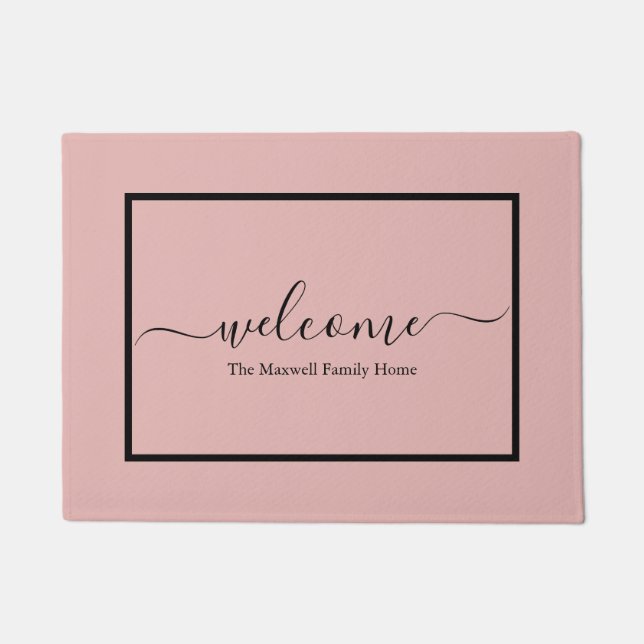 Elegant blush pink script family name welcome    doormat (Front)