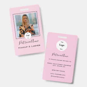 Elegant Blush Pink Script Photo Logo Makeup ID Badge