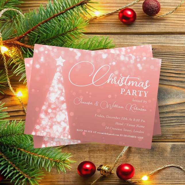 Elegant Blush Pink Shimmering Xmas Tree Holiday  Invitation (Elegant Blush Pink Shimmering Xmas Tree Holiday Invitation)