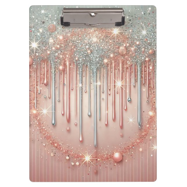 Elegant Blush Pink & Silver Glitter Drip  Clipboard (Front)