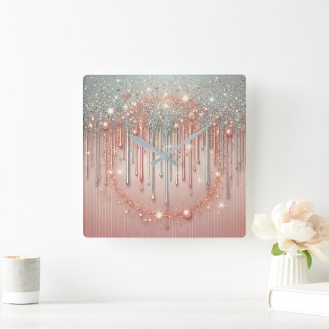 Elegant Blush Pink & Silver Glitter Drip  Square Wall Clock (Home)