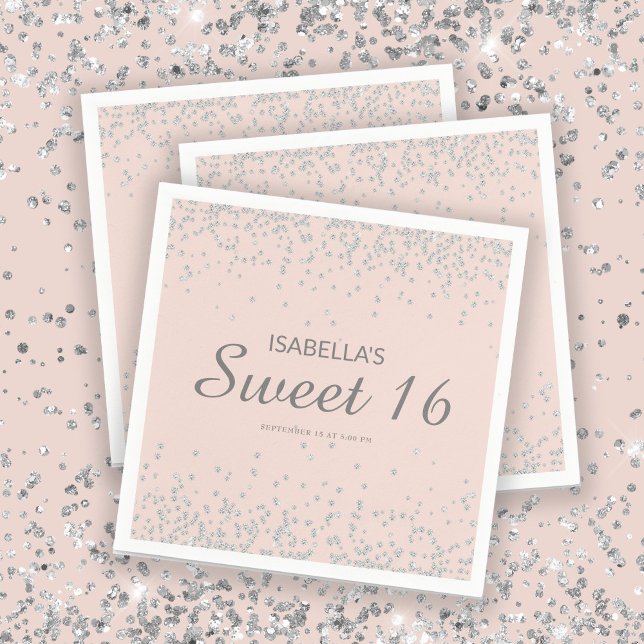 Elegant Blush Pink Silver Glitter Sweet 16 Name  Napkin (Creator Uploaded)