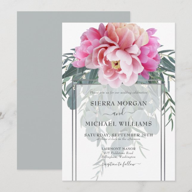 Elegant Blush Pink Silver Grey Bouquet Wedding Invitation (Front/Back)